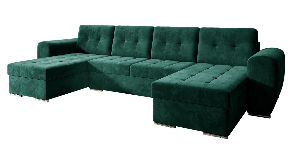 WOHNLANDSCHAFT Bari U - Smaragdgrün/Silberfarben, Holz/Textil (326/86/157cm) - MIRJAN24