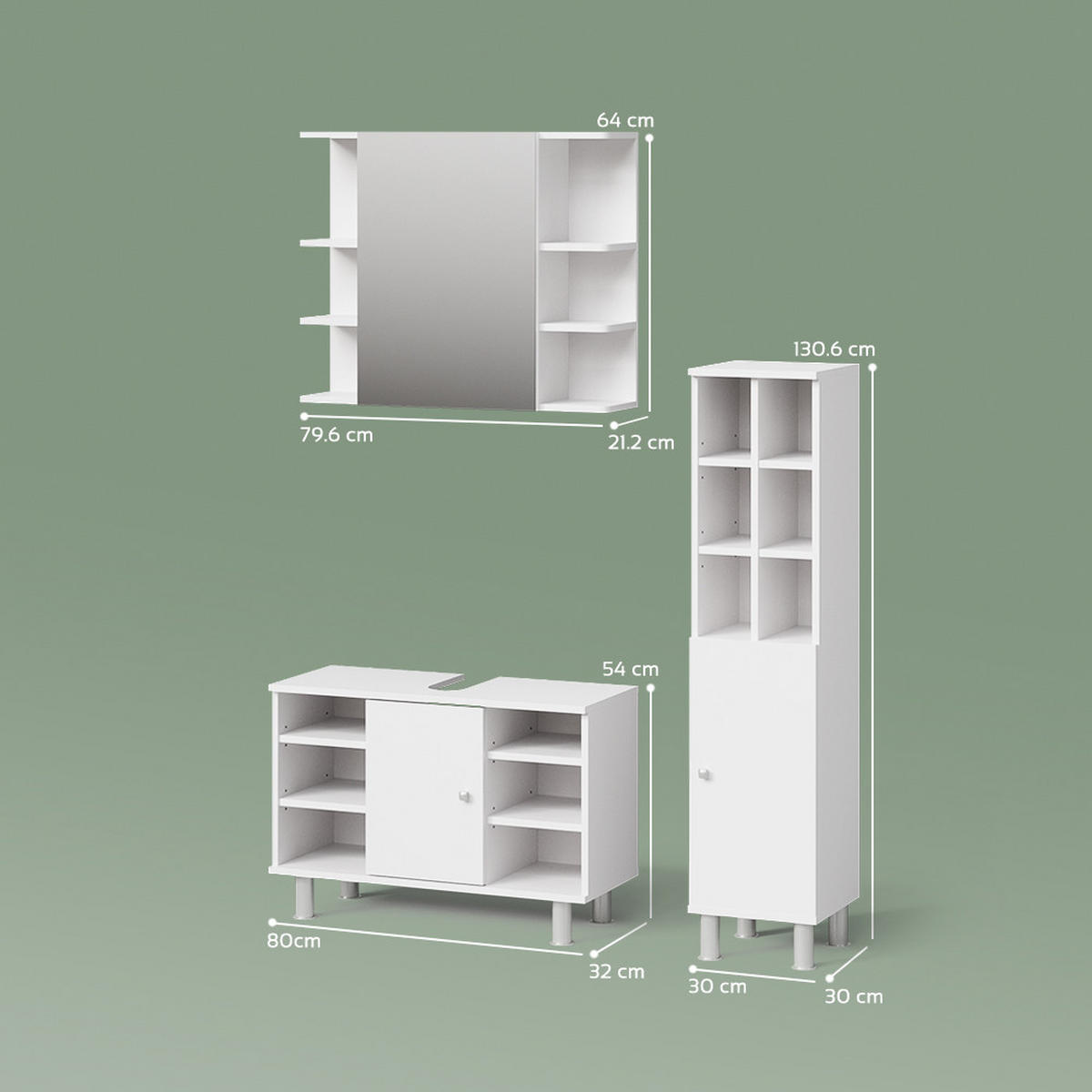 BADMÖBEL-SET Fucino Weiß 3 Teile, mit Midischrank Tür groß - Weiß, Holzwerkstoff (80/54/32cm) - Livinity®