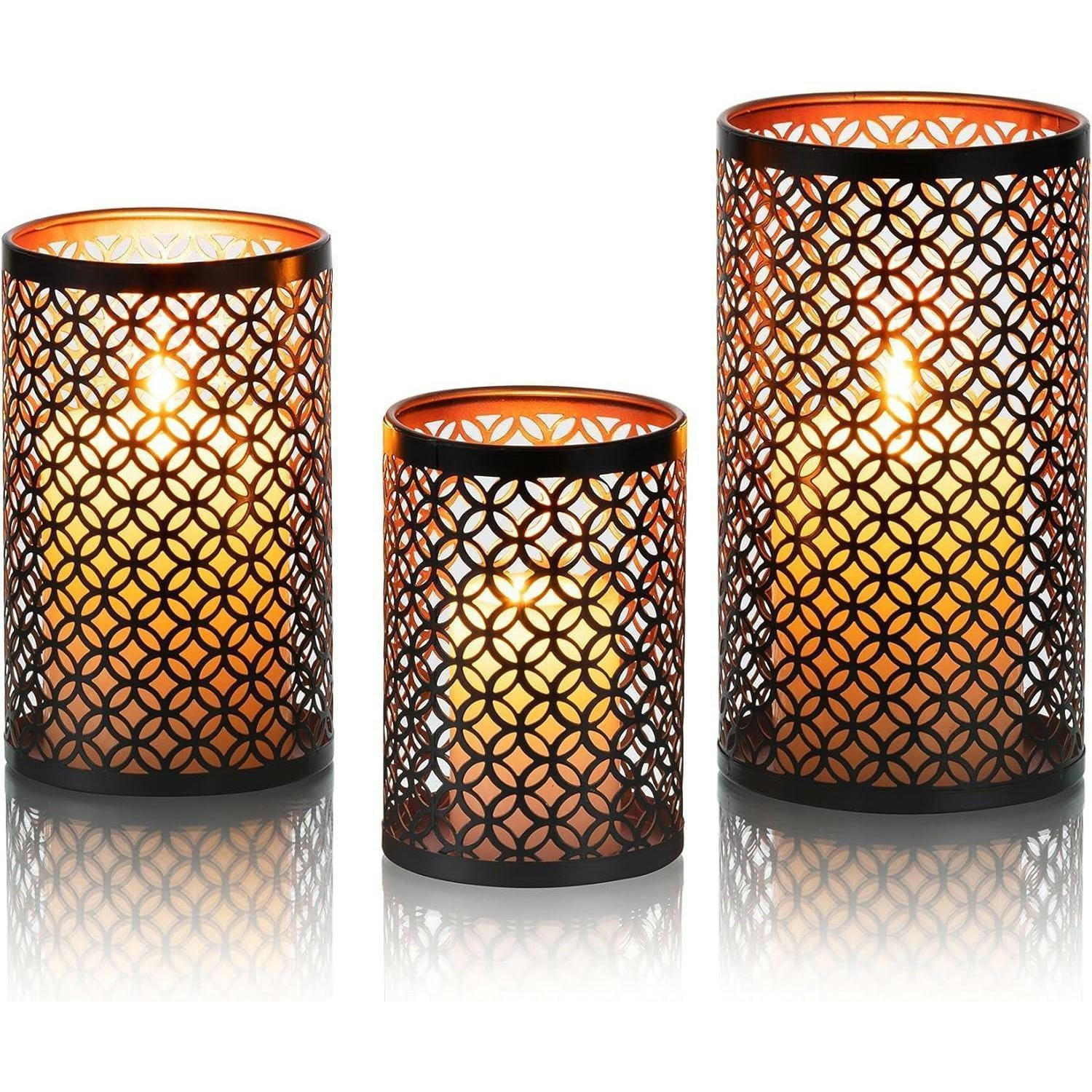TEELICHTHALTER 3er Set Metall Schwarz & Gold Orientalisch Ausgehöhlt Vintage 20/16/13cm - Multicolor, Metall (11/20/11cm)