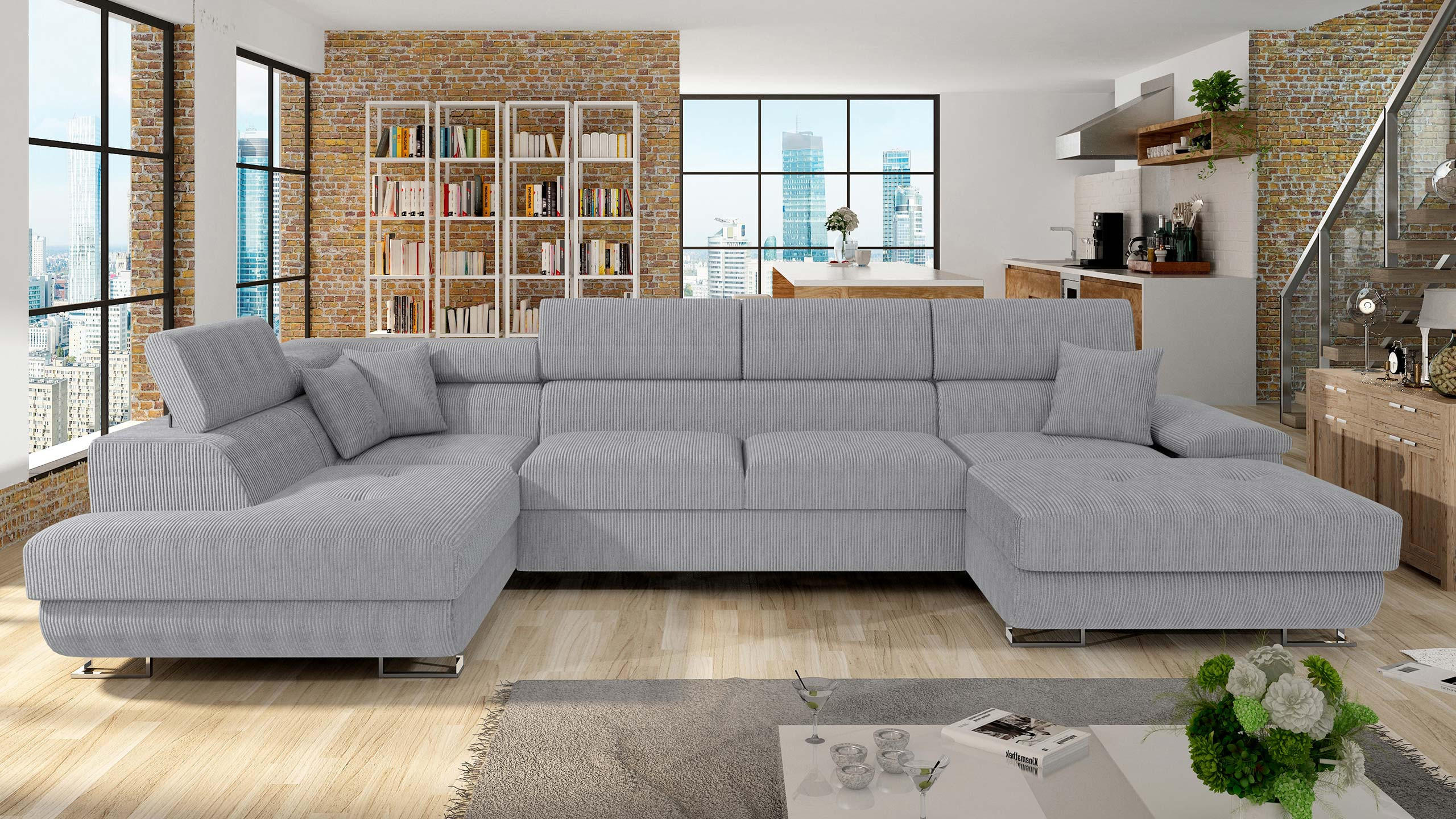 WOHNLANDSCHAFT Cotere Bis Cord, Seite: Links - Grau, Holz (345/91/202cm) - MIRJAN24