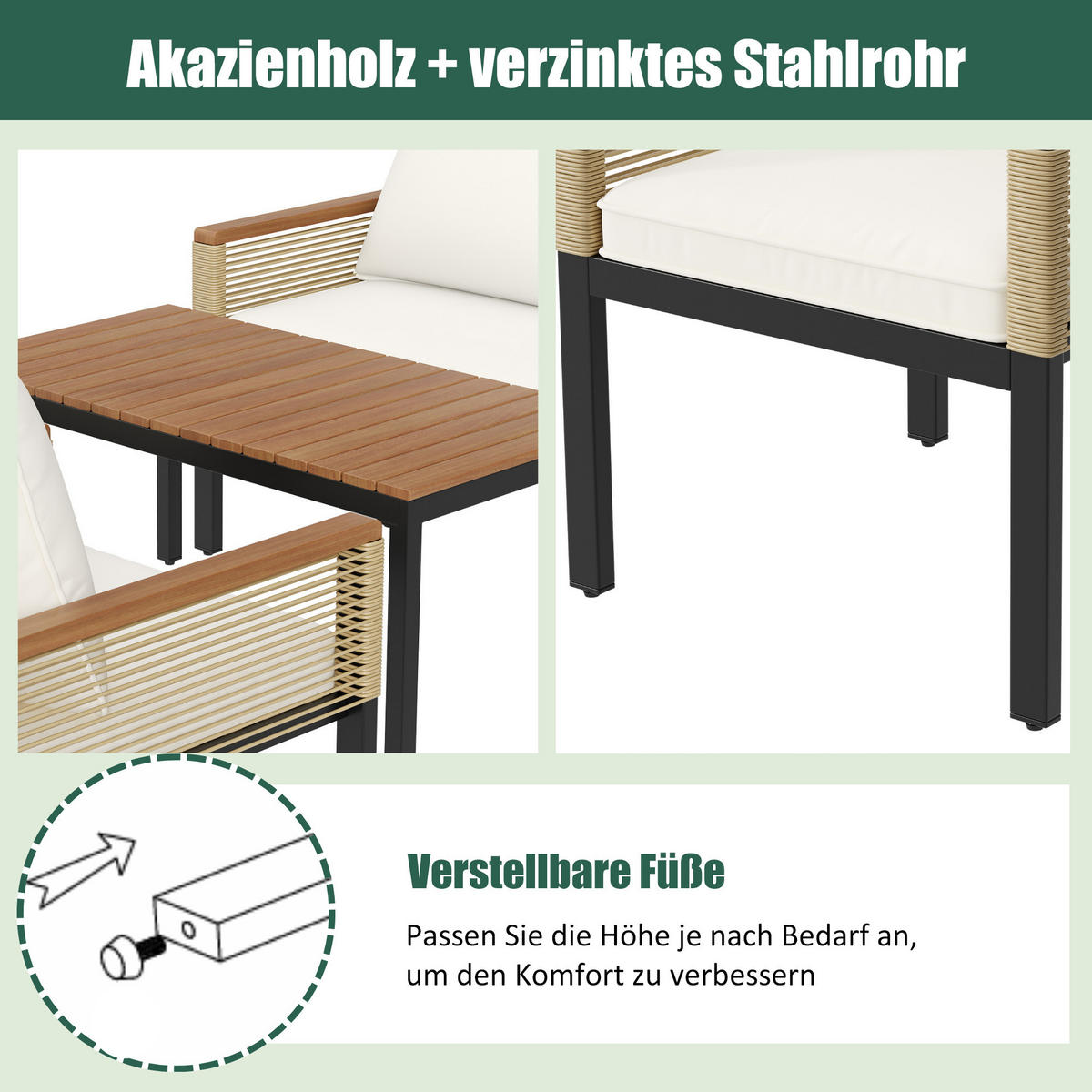 LOUNGESET Beige Rattan Doppelsofa 2 Sessel Tisch - Beige, Metall - FLIEKS