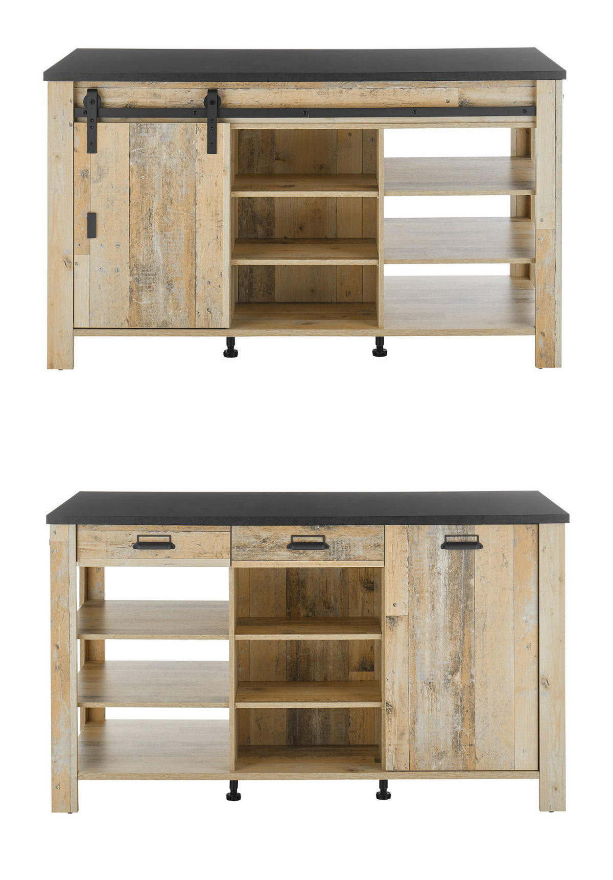 KÜCHENINSEL Used Wood, anthrazit 162 cm, Kochinsel mit Soft-Close - Anthrazit/Schwarz, Holzwerkstoff/Metall (162/93/77cm) - Furn.Design