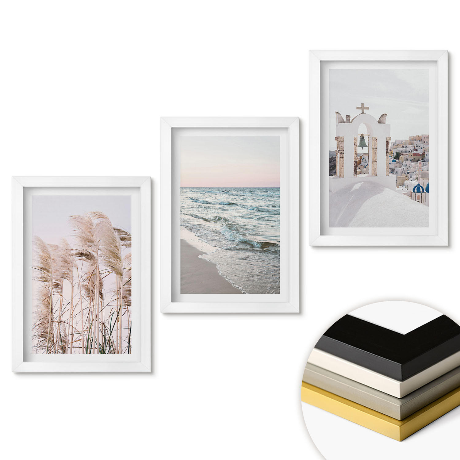WANDBILDER 3er-Set - 20x30 cm Weißer Rahmen - Pflanzen, Meereswellen, Aussicht, Häuser - Weiß, Kunststoff (20/30cm) - ArtPrintCave