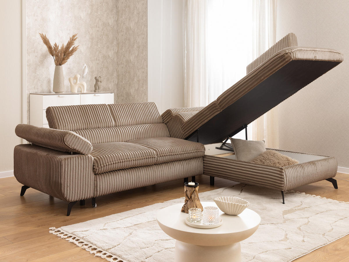 ECKSOFA mit Schlaffunktion und Bettkasten Bonnie aus Beige Cord-Stoff mit verstellbaren Kopfstützen und Armlehne - Ottomane rechts - Ecru/Beige, Holz/Textil (275/210cm) - S-Style Möbel
