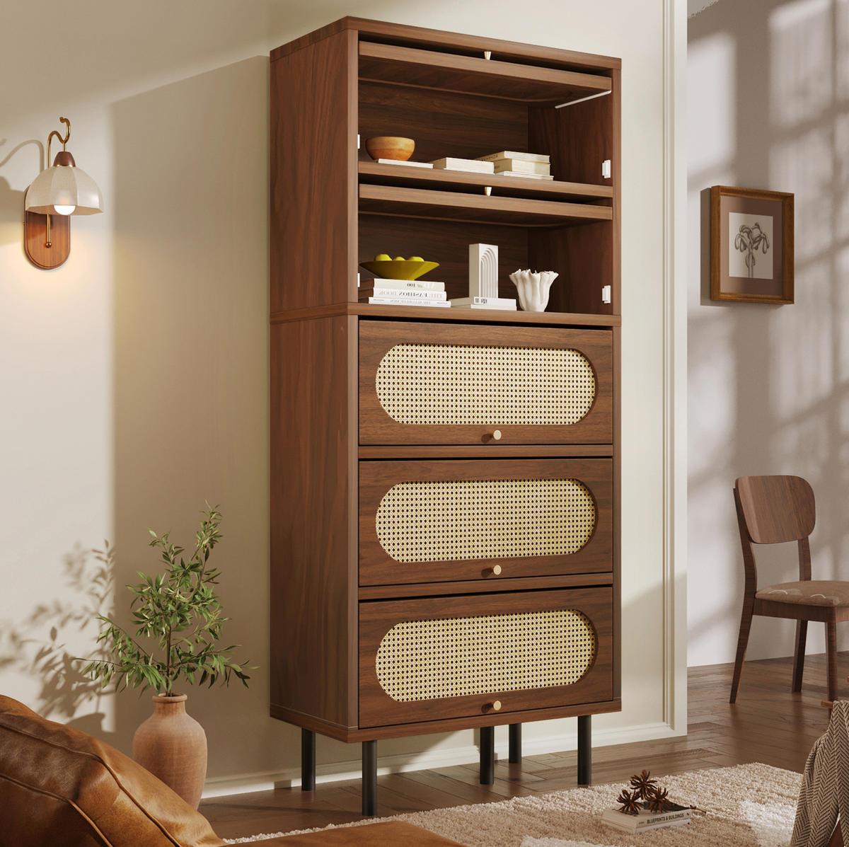 BUFFET 80/40/163 cm in Nussbaum mit Rattanfronten und 5 Klappen - Walnussfarben, Holzwerkstoff (80/163/40cm) - Flora Grace