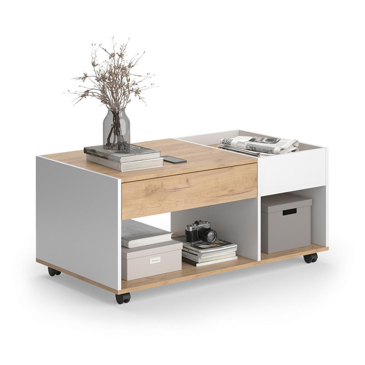 COUCHTISCH Maik Goldkraft Eiche/Weiß 110 x 60 cm mit Schublade - Eiche Wotan/Weiß, Holzwerkstoff (60/110/49.5cm) - Vicco