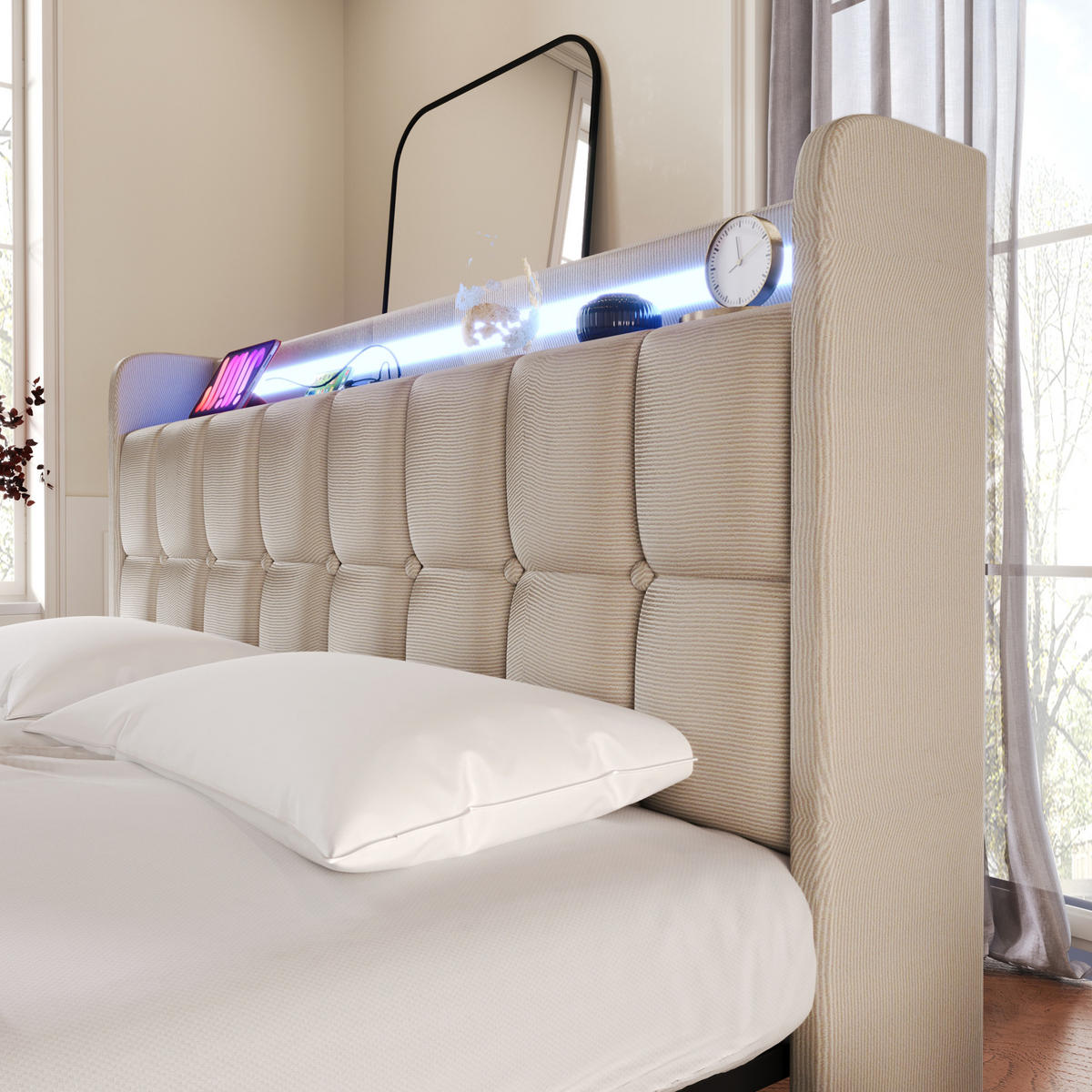 BETT mit USB, LED und 2 Schubladen 90x200 cm Beige inkl. Matratze - Beige, Holz (90/200cm) - Meubliv