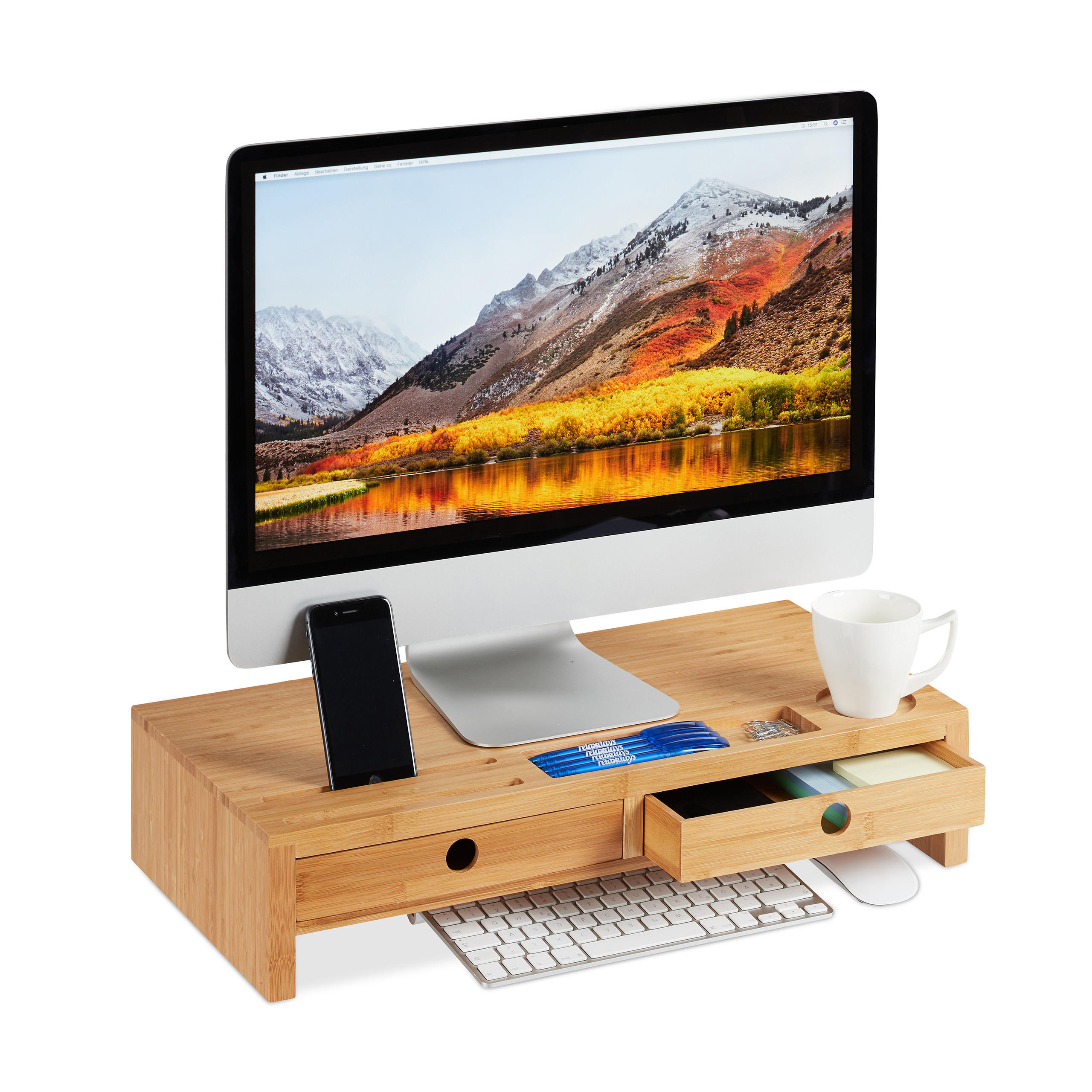 MONITORSTÄNDER Natur Bambus 2 Schubladen 12x56x27 cm - Hellbraun, Holz (27/56/12cm) - Relaxdays
