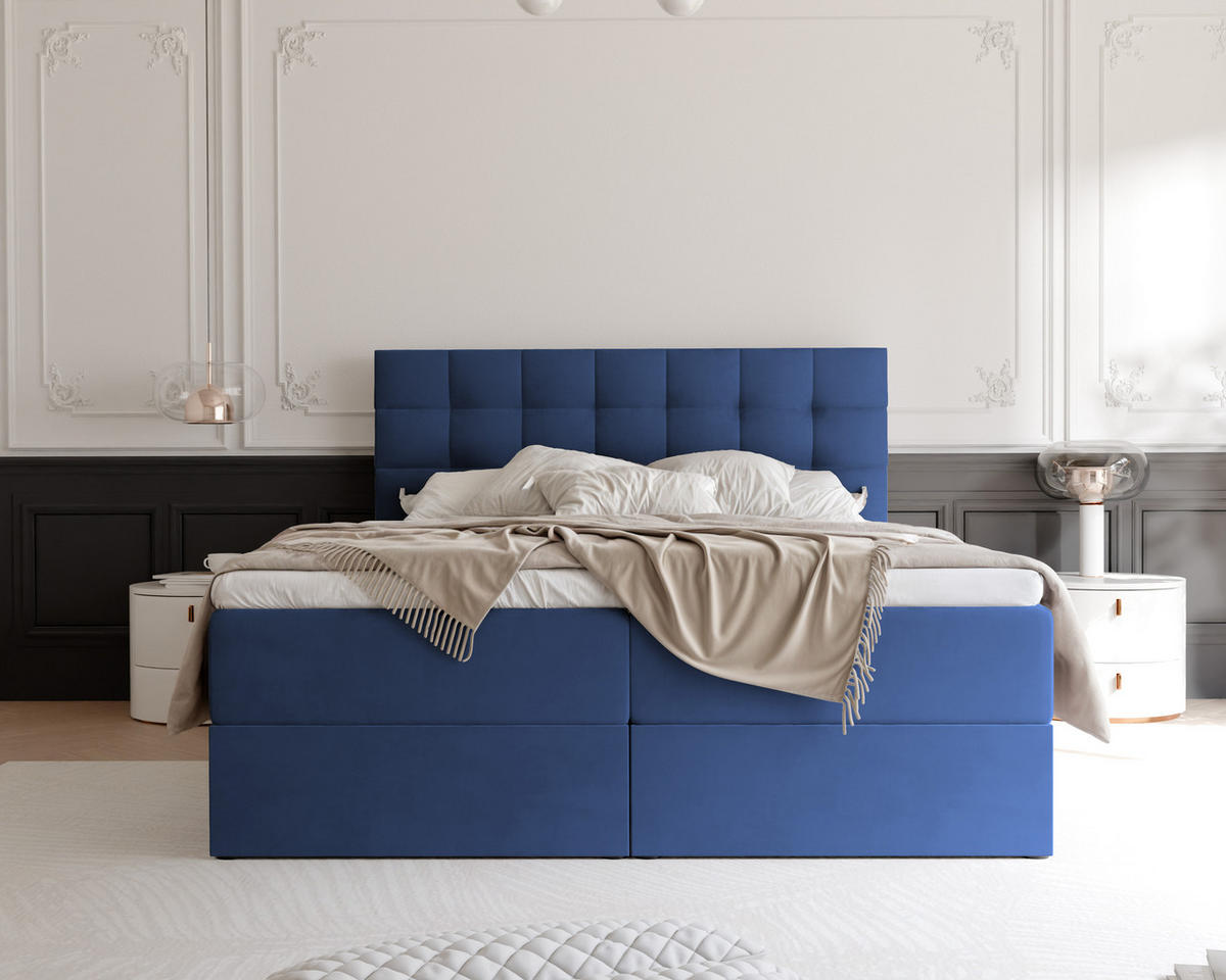 BOXBETT GRAND 180/200 cm, in Marineblau, mit Matratze und Topper - Dunkelblau, Holzwerkstoff/Textil (180/200cm) - Idohome
