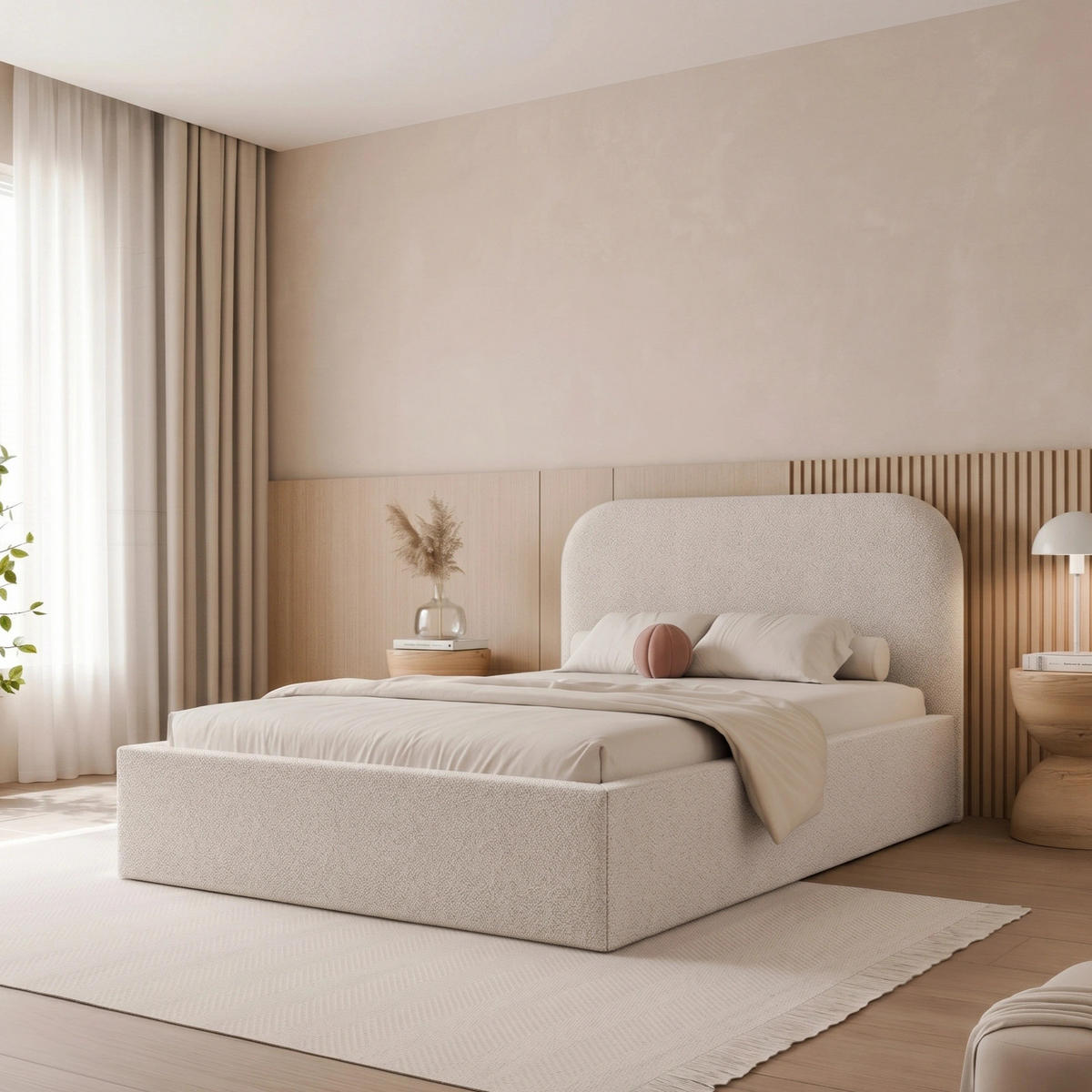 POLSTERBETT FUZZI 120x200 cm Kaltes Beige Bouclé (Stoff Now or Never) - mit Bettkasten und Lattenrost - Beige, Holzwerkstoff/Textil (120/200cm) - Ravio