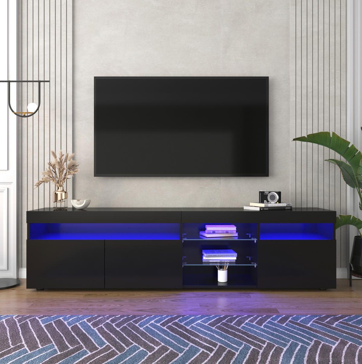TV-LOWBOARD 180/35/48 cm mit 3 Türen und LED-Beleuchtung - Schwarz, Holzwerkstoff (180/48/35cm) - BEAOK
