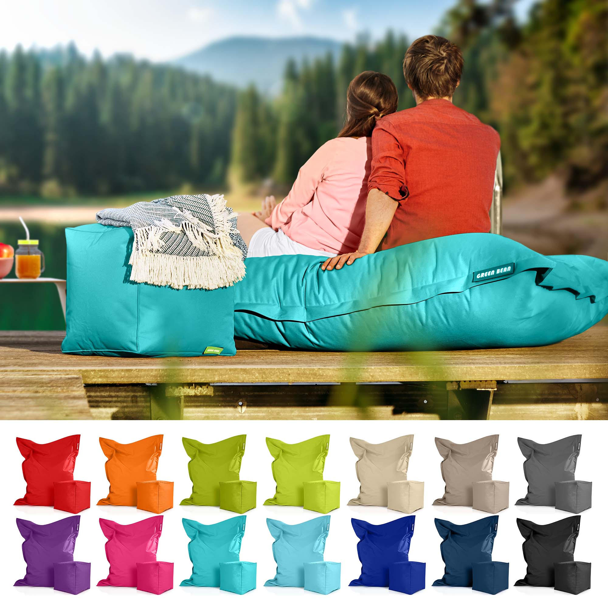 XXL-SITZSACK + Pouf 2er Set - 140x180cm - Türkis, Textil (140/25/180cm) - Green Bean