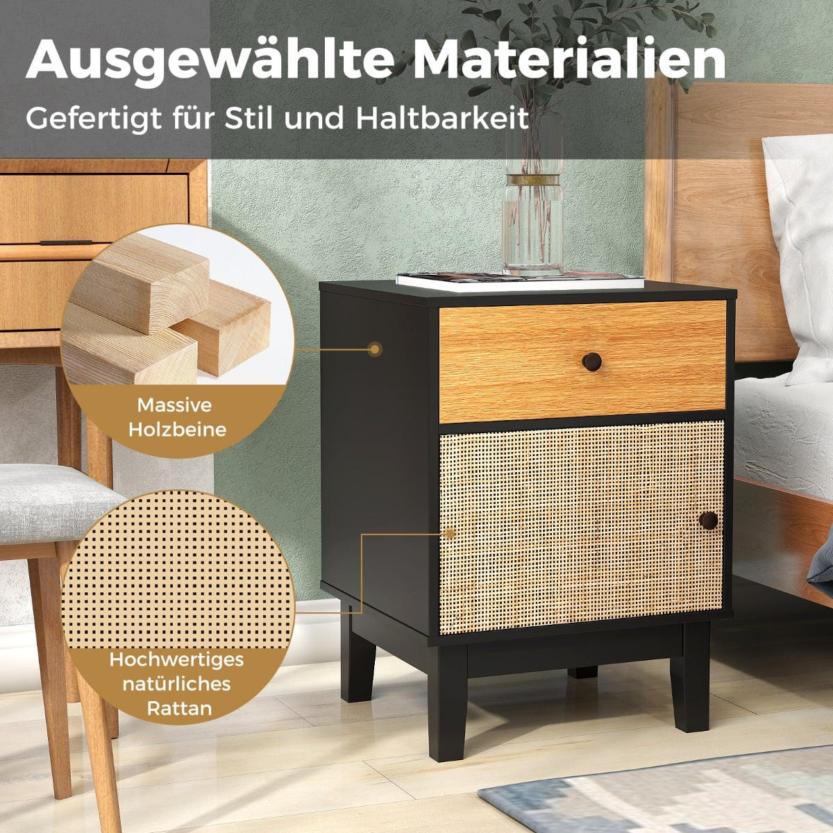 NACHTTISCH mit Schublade und Schrank, Boho Nachtkonsole, 55 cm - Schwarz/Braun, Holz/Holzwerkstoff (39/55/40cm) - DESIGN IN