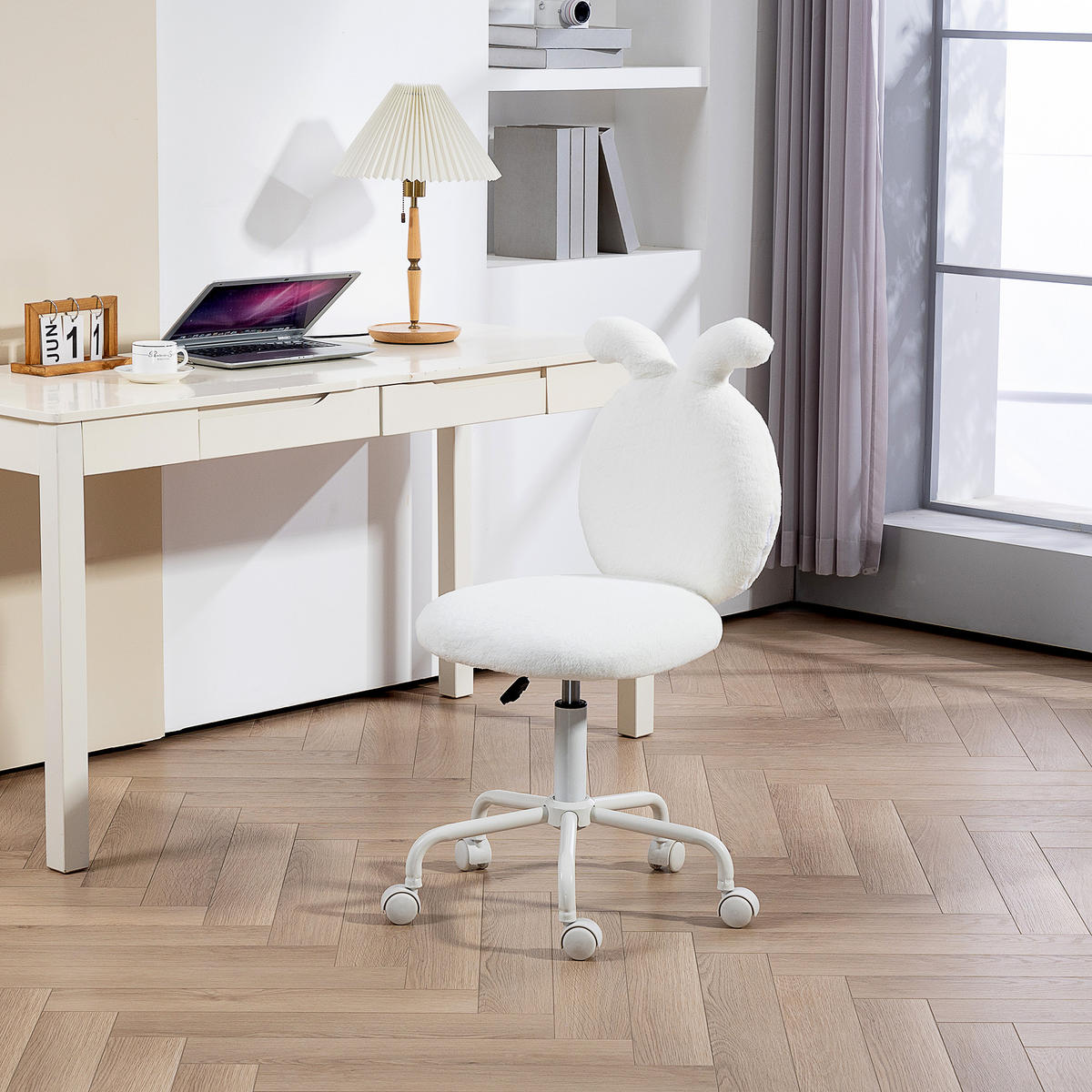 BÜROSTUHL Höhenverstellbar Schreibtischstuhl mit Hasenohren, Samtoptik, Weiß - Weiß, Kunststoff (45/90/52cm) - HOMCOM