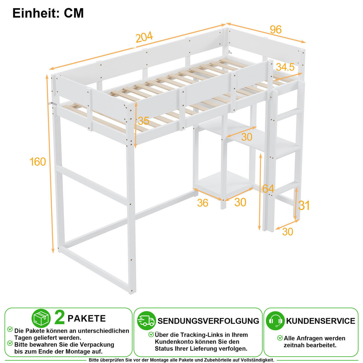 HOCHBETT 90/200 cm in Weiß mit Regal Kiefer massiv - Weiß, Holz/Holzwerkstoff (90/200cm) - CHICFURN