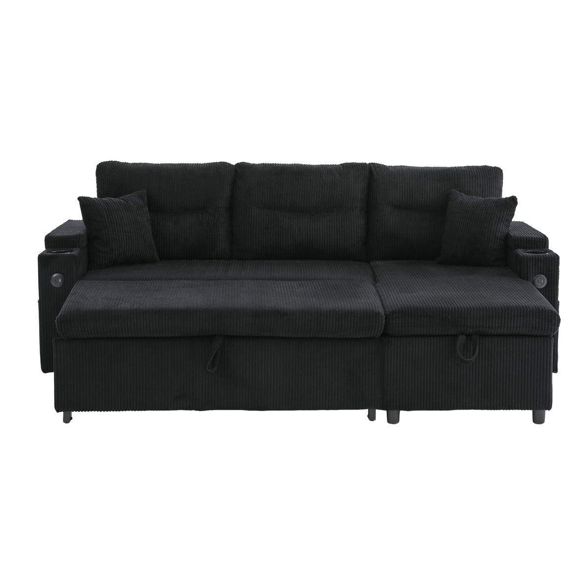 ECKSOFA 3-Sitzer Cord mit Stauraum und USB-C, DE-42576, Schwarz - Schwarz, Metall (212.5/136cm) - ComfortXL