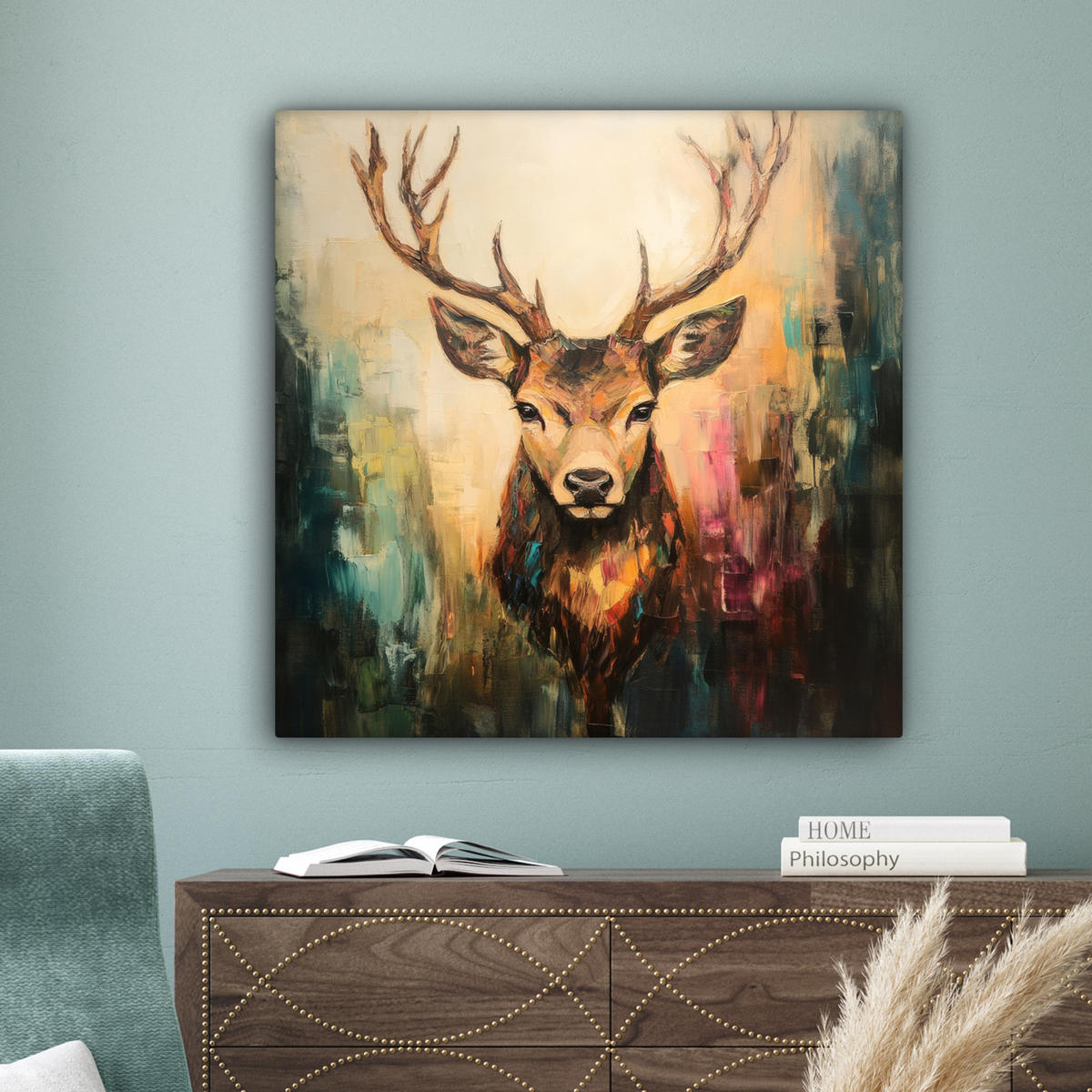 LEINWANDBILD Hirsch - Gemalt - Geweih - Braun 90x90 cm - Haselnussfarben, Textil (90/90cm) - MuchoWow