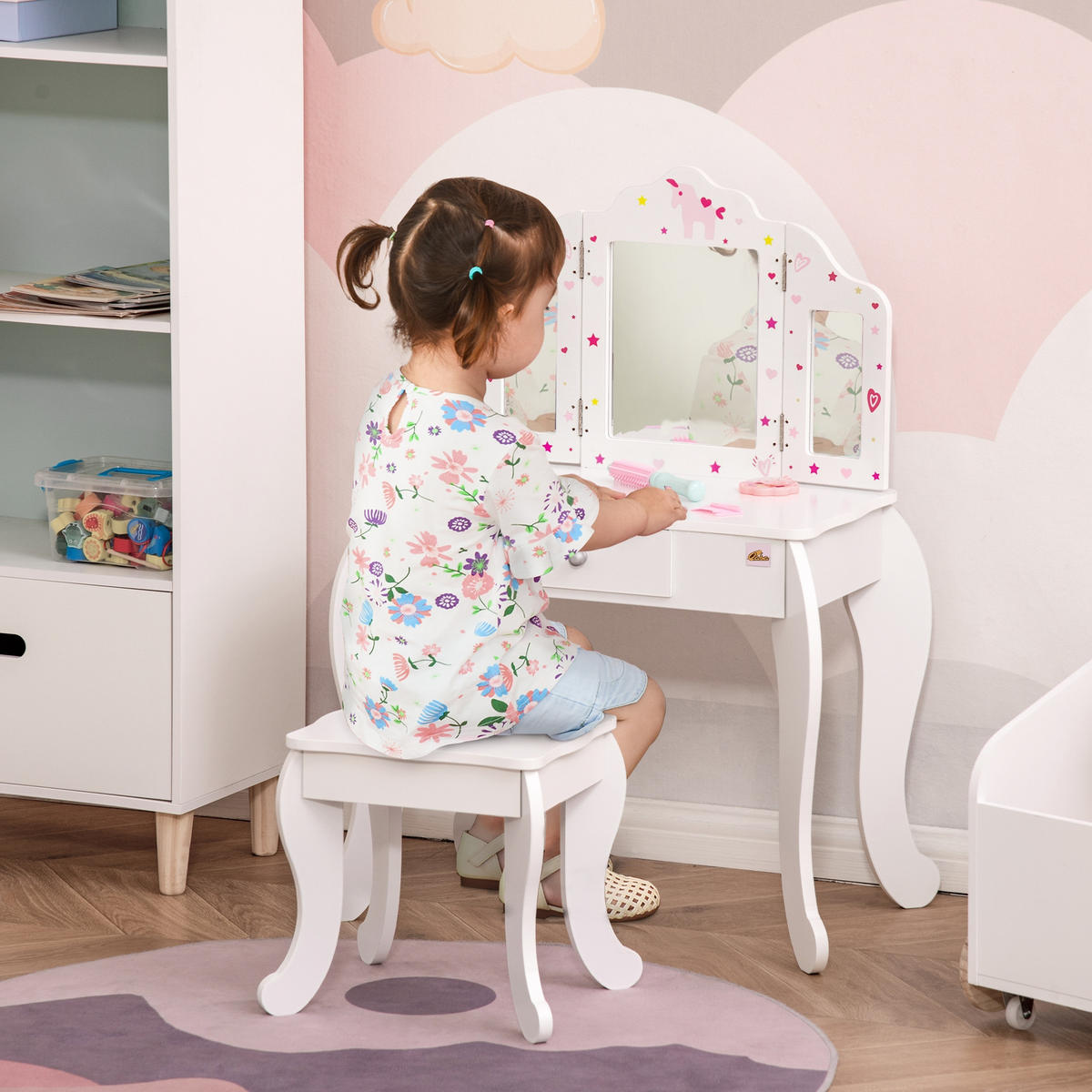 KINDERSCHMINKTISCH DE-18628 mit Triptychonspiegel & Schublade Weiß - Weiß, Holzwerkstoff (40/85.5/63cm) - ComfortXL