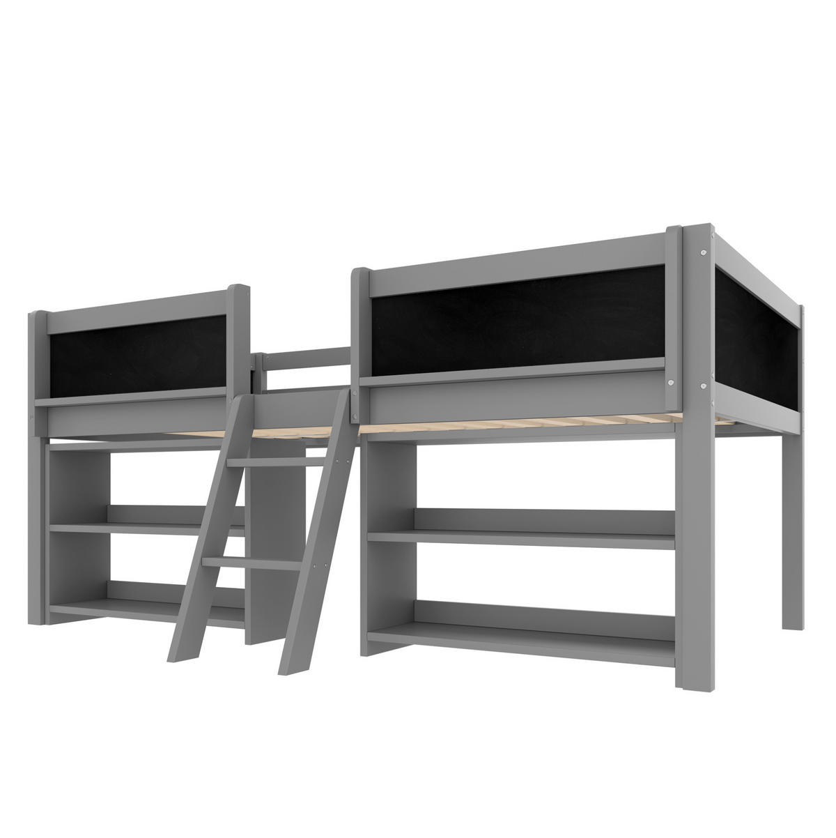 HOLZBETT 90/200 cm halbhoch mit Stauraum und Leiter in Grau - Grau, Holzwerkstoff (90/200cm) - BEAOK