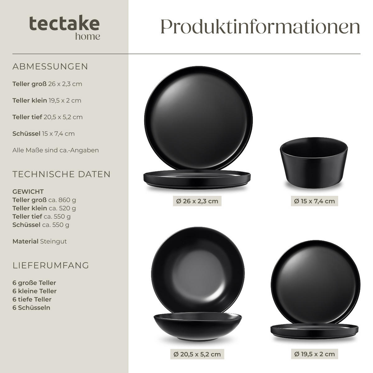 GESCHIRRSET Una,ineinander stapelbar,schwarz - Schwarz, Keramik (26/2.3/26cm) - tectake
