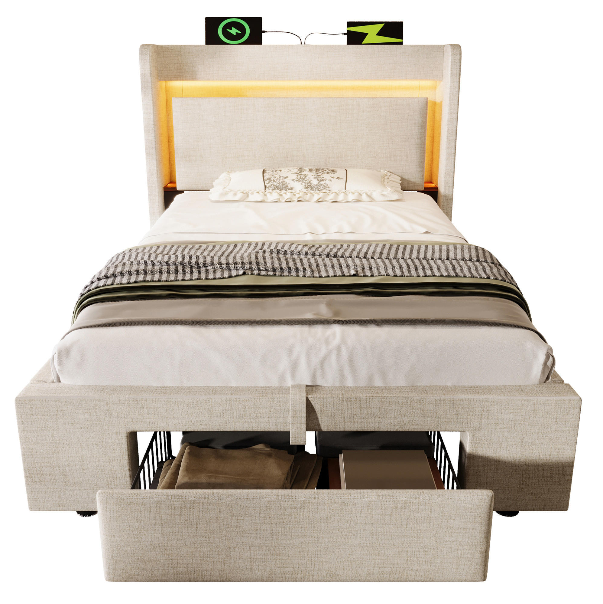 POLSTERBETT 90/200 cm Beige mit Stauraum, LED-Beleuchtung und USB- und Type-C-Anschlüssen - Beige, Textil (90/200cm) - Flora Grace