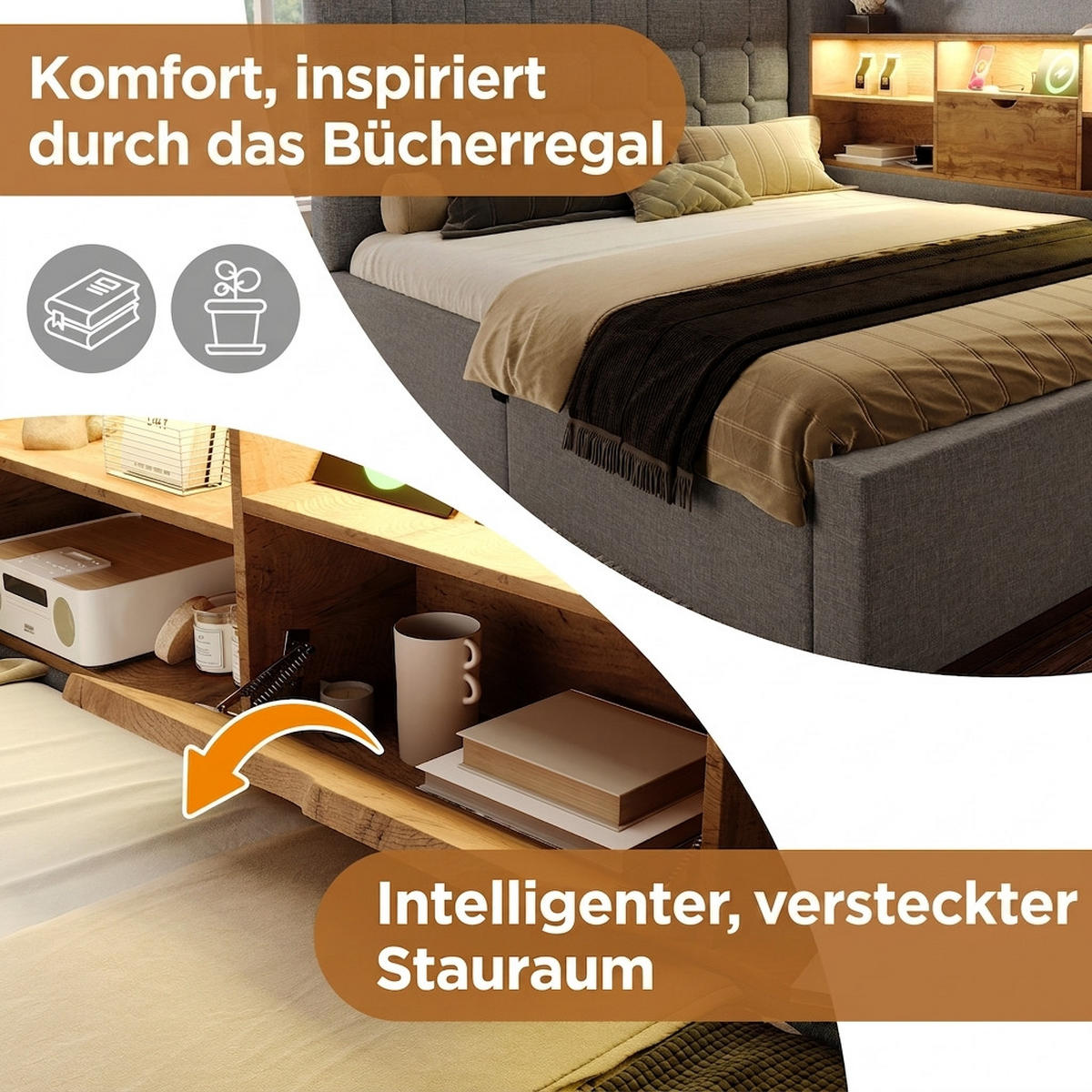POLSTERBETT 90/200 cm Grau mit LED-Beleuchtung und Stauraum (Ohne Matratze) - Grau, Textil (90/200cm) - Oxeza