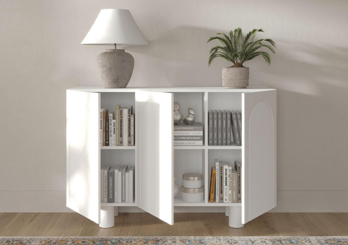 SIDEBOARD Rita, Mit Gefrästen Fronten, 130 cm, Weiß - Weiß, Holz/Holzwerkstoff (135.7/90.6/41.9cm) - Skandica
