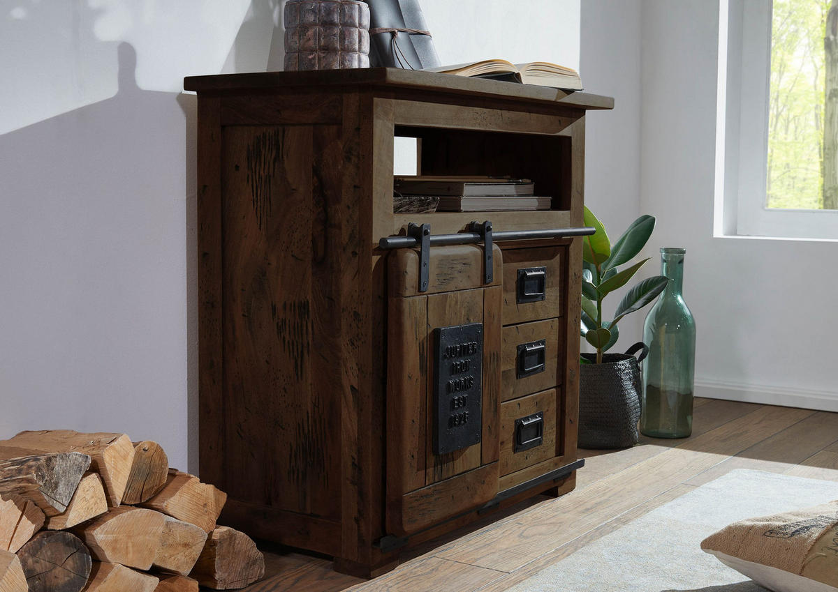 KOMMODE Mango 80x45x85 braun lackiert RAILWAY #410 - Braun, Holz (80/85/45cm) - Massivmoebel24