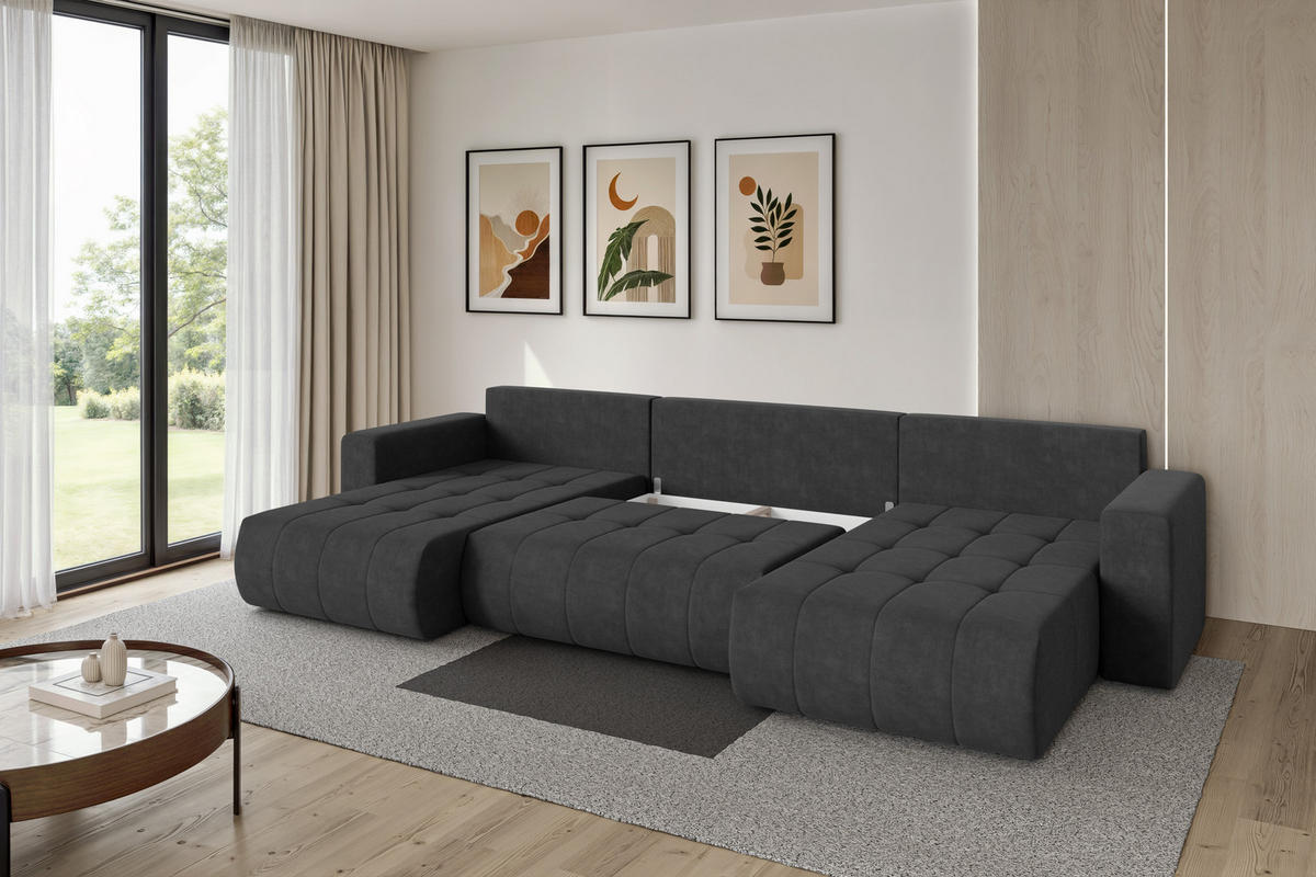 SEDACÍ SOUPRAVA DO U s funkcí spaní a úložným prostorem MILA-U 378x194x86 tmavě šedá velur - černá/antracitová, kompozitní dřevo/textil (378/86/194cm) - ALTDECOR