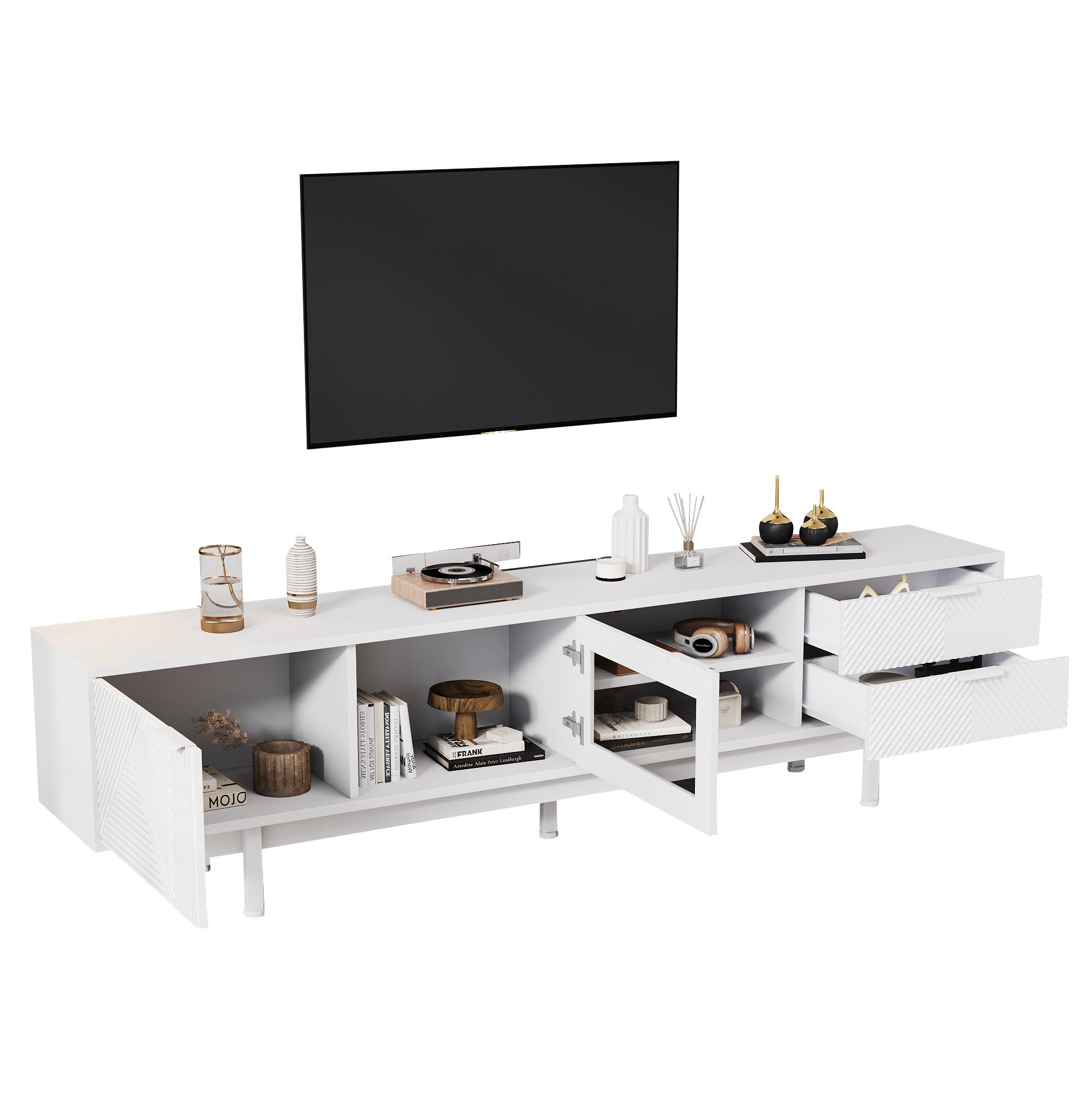 Modfu TV stolek z dřevotřísky 200x40x50,5 cm bílý se 2 dvířky, 2 zásuvkami a policemi pro TV do 80 palců