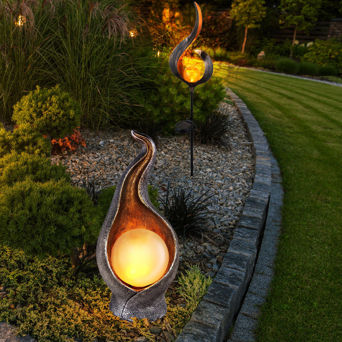 LED AUSSENLEUCHTE Bronze Solarlampe Flammenform 2er Set - Bronzefarben, Glas (16.7/6/90cm)
