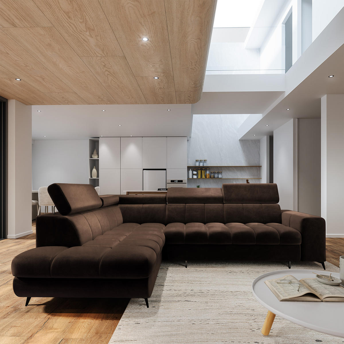 ECKSOFA MORIVA L-S Braun Velours-Stoff mit Schlaffunktion - Braun, Holz (253/190cm) - MASSENO