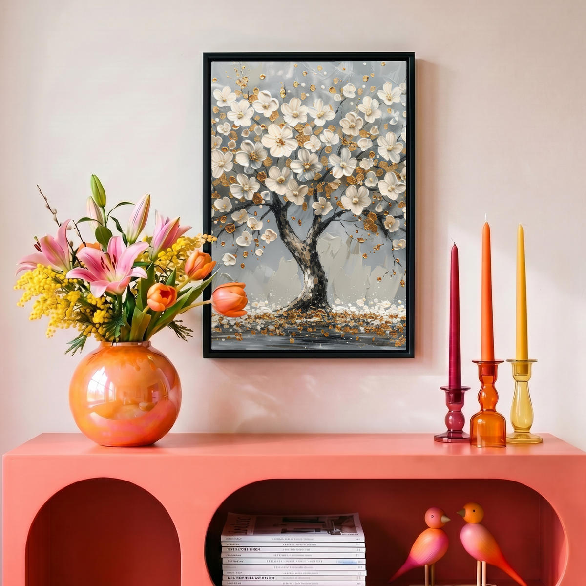 LEINWAND Bilder mit Rahmen - Baum - Blumen - Weiß - Natur - Kunst - 20x30 - Weiß, Textil (20/30cm) - MuchoWow