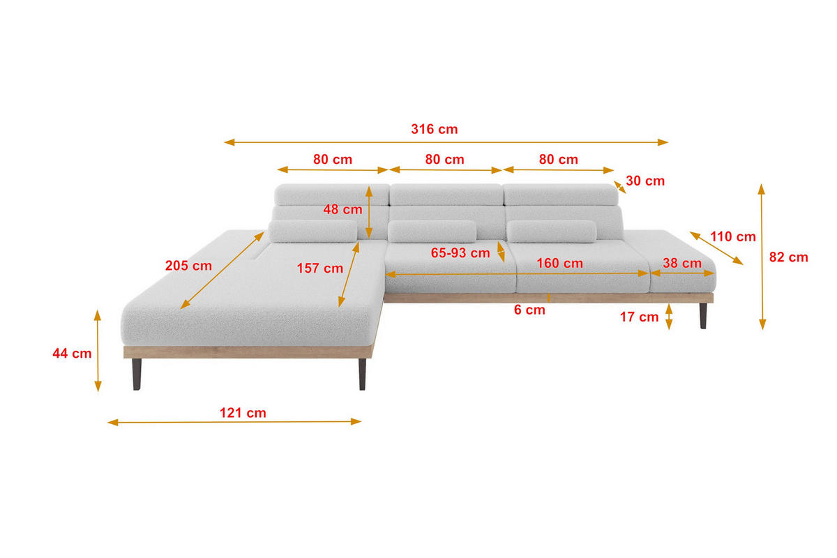 ELEKTRISCHES ECKSOFA Links MONA 316x205x85 Hellgrau Bouclé - Blaugrau/Hellgrau, Holzwerkstoff/Textil (316/205cm) - ALTDECOR