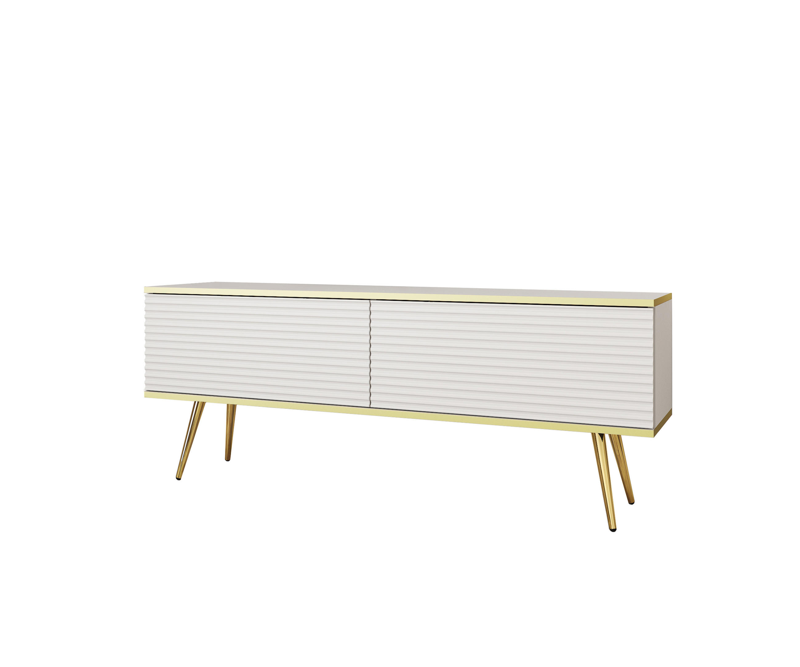 LOWBOARD TV BANFF RTV7-2D Goldene Metallbeine, geriffelte Fronten, Weiß - Weiß, Holzwerkstoff/Kunststoff (135/53/32cm) - Komodee