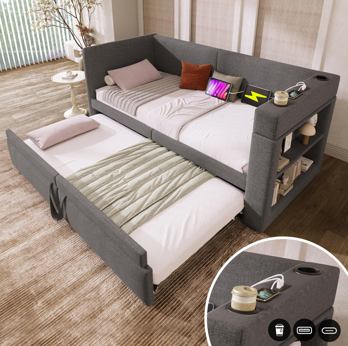BETT 90/200 cm in Grau mit USB- und Type-C-Anschlüssen, Getränkehaltern - Grau, Textil (90/200cm) - Flora Grace