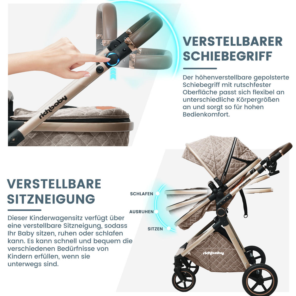 BUGGY Kinderwagen 2 in 1 faltbar mit abnehmbarer Babywanne und All-Terrain Federung - Hellbraun, Metall (80/62/106cm) - Raelunyi