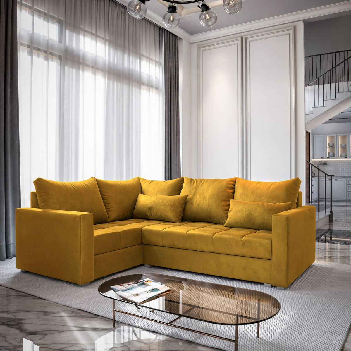 ECKSOFA LIRENO L-S Gelb Plüsch-Stoff mit Schlaffunktion - Gelb, Holz (220/153cm) - MASSENO
