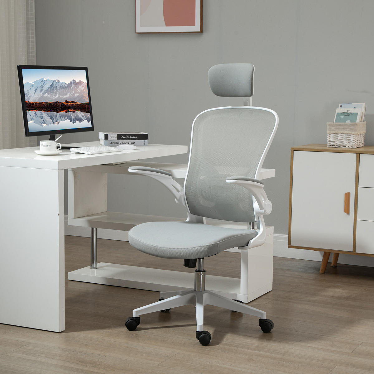 BÜROSTUHL ergonomischer Shreibtischstuhl mit Wippfunktion Kopfstütze Grau - Grau, Textil (64/122/65cm) - Vinsetto