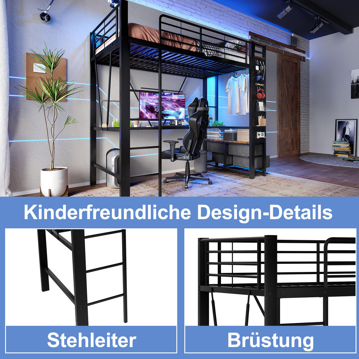 HOCHBETT aus Metall 90x200 cm Schwarz mit Schreibtisch, LED, USB-C, 4 Schubladen und viel Stauraum - Schwarz, Metall (140/190cm) - Modfu