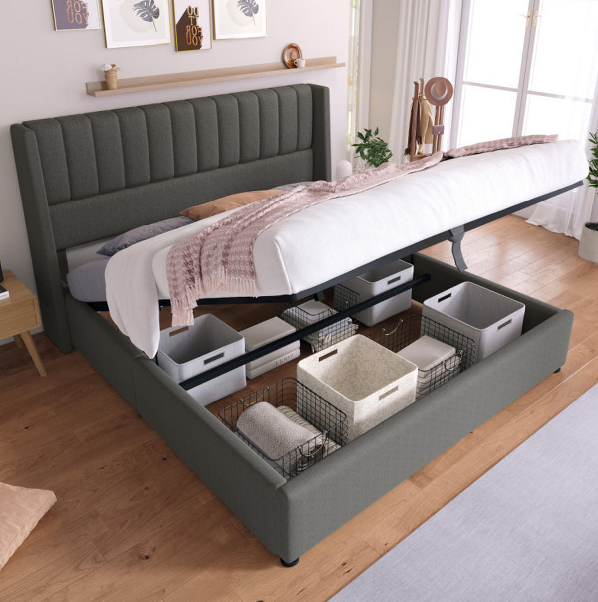 ČALÚNENÁ posteľ 180/200 cm sivá s úložným priestorom z ľanovej tkaniny - sivá, textil (180/200cm) - OKWISH