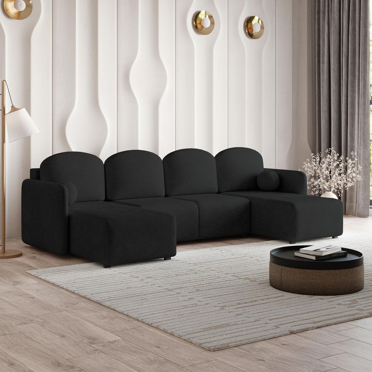 WOHNLANDSCHAFT NUBERO Schwarz Geflochtener Stoff mit Schlaffunktion - Schwarz, Holz (285/85/143cm) - MASSENO