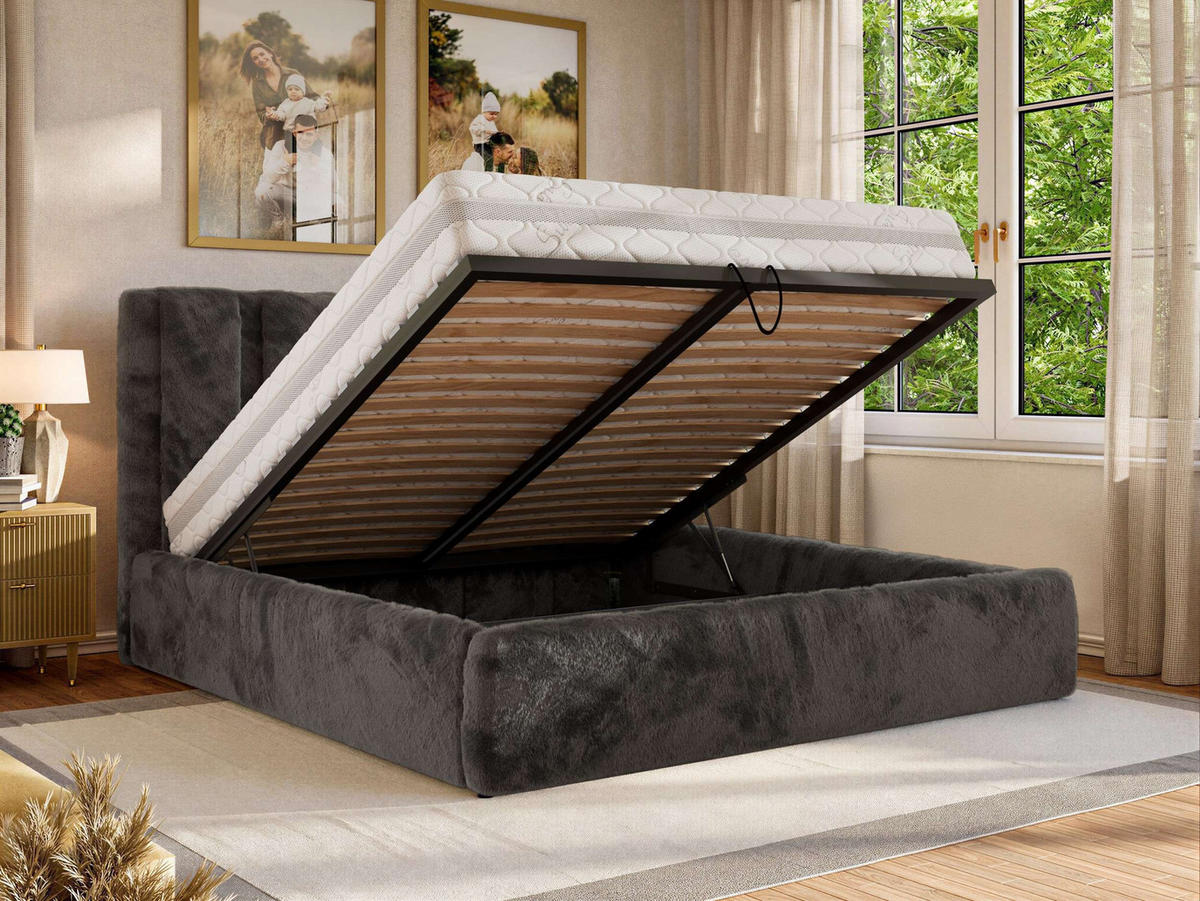 POLSTERBETT SAVINO CLASSIC 140/200 - Dunkelgrau Plüsch - Schaum-Matratze - Dunkelgrau, Textil (140/200cm) - MKS