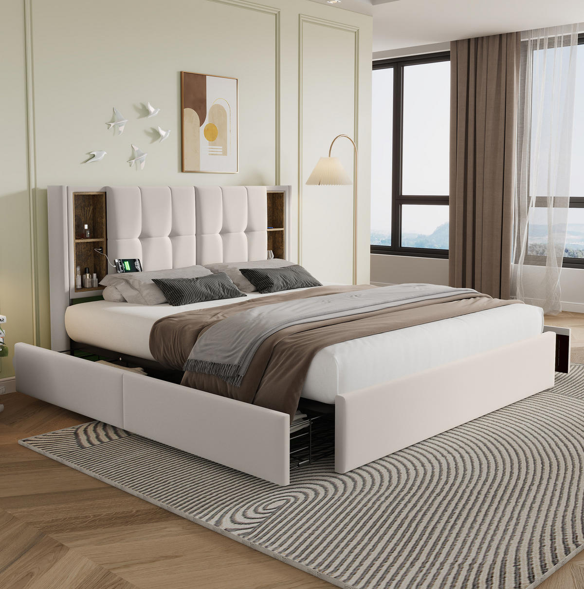 POLSTERBETT 160/200 cm Beiger Samt mit Kabellosem Laden und 4 Schubladen - Beige, Textil (160/200cm) - OKWISH