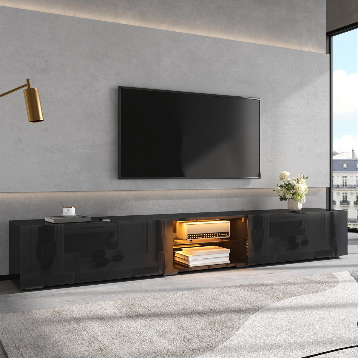 TV-SCHRANK 200/30/30 cm Schwarz mit LED-Beleuchtung und 2 Türen - Schwarz, Holzwerkstoff (200/30/30cm) - Oxeza