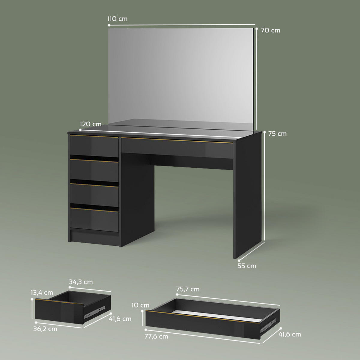 SCHMINKTISCH Imola Schwarz/Gold 120 cm mit Spiegel - Goldfarben/Schwarz, Holzwerkstoff (120/75/55cm) - Livinity®