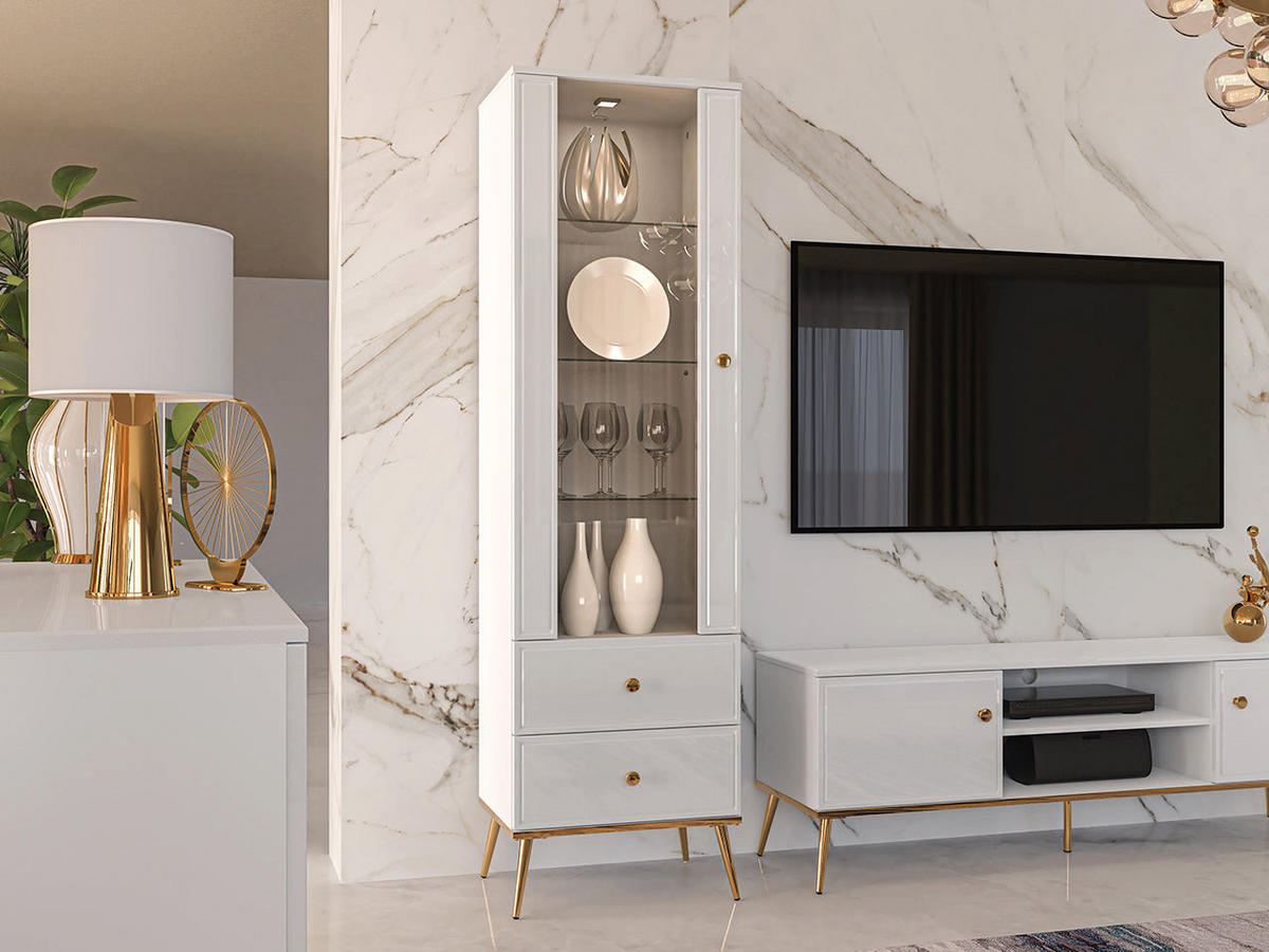 VITRINE – 55 cm – Goldin – Weiß Hochglanz - Weiß Hochglanz, Holzwerkstoff (55/190/40cm) - hi-markt