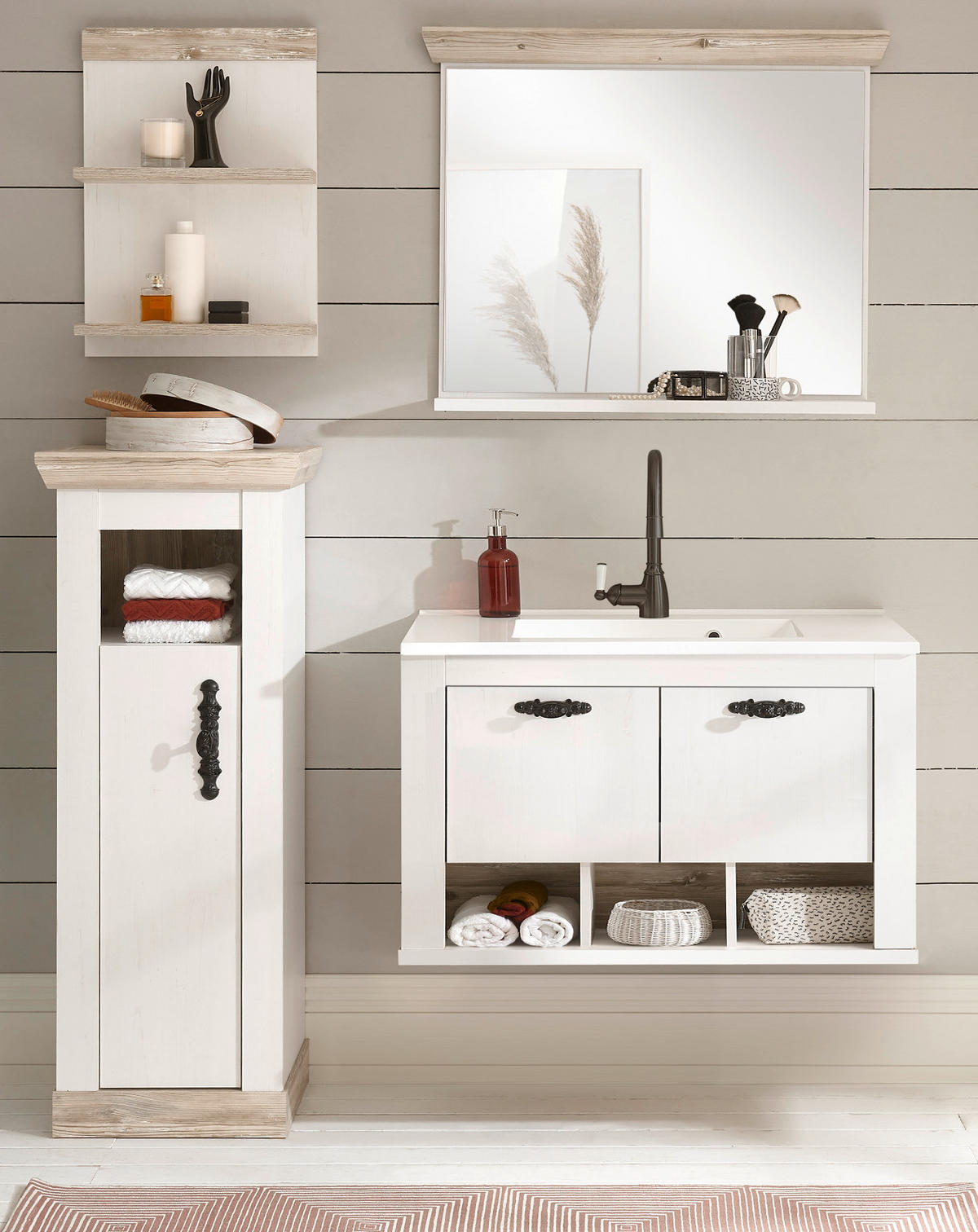 BADKOMBINATION Pinie weiß, Oslo Pinie, Landhaus Badmöbel Set 5-tlg. hängend MIT Waschbecken 143 x 200 cm - Anthrazit/Weiß, Holzwerkstoff/Metall (143/200/46cm) - Furn.Design