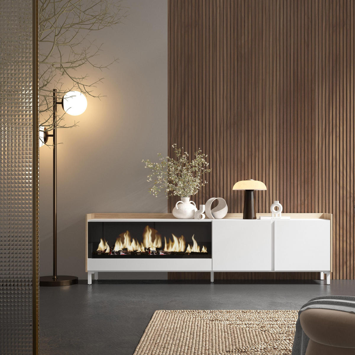 LOWBOARD, Weiß und Eiche, 212/35/61cm, Kamin mit Feuereffekt XXL - Weiß, Holzwerkstoff (212/61/35cm) - Skraut Home