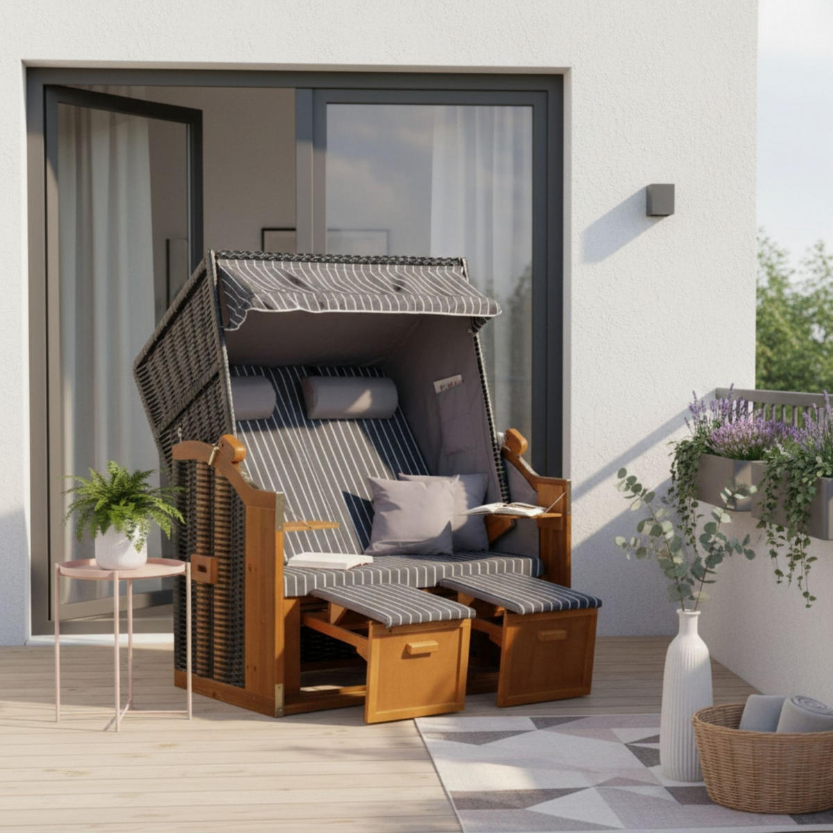 STRANDKORB Ostsee 2-Sitzer PE schwarz - Braun/Grau, Metall (120/160/80cm) - Mr. Deko